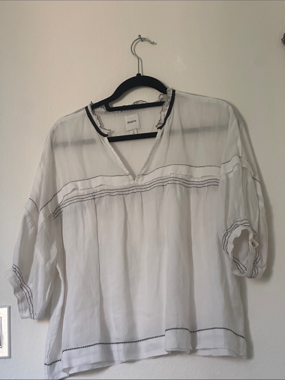 Maeve White Peasant Top with Navy Contrast Stitching. Bohemian, Size S